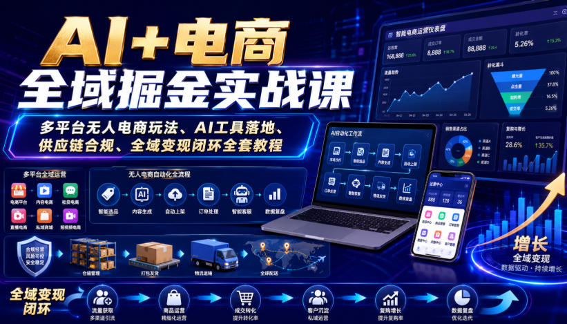 AI+电商全域掘金实战课｜多平台无人电商玩法、AI工具落地、供应链合规、全域变现闭环全套教程-独家科技资源网