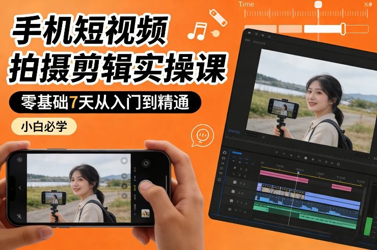 手机短视频拍摄剪辑实操课，零基础7天从入门到精通，小白必学-独家科技资源网