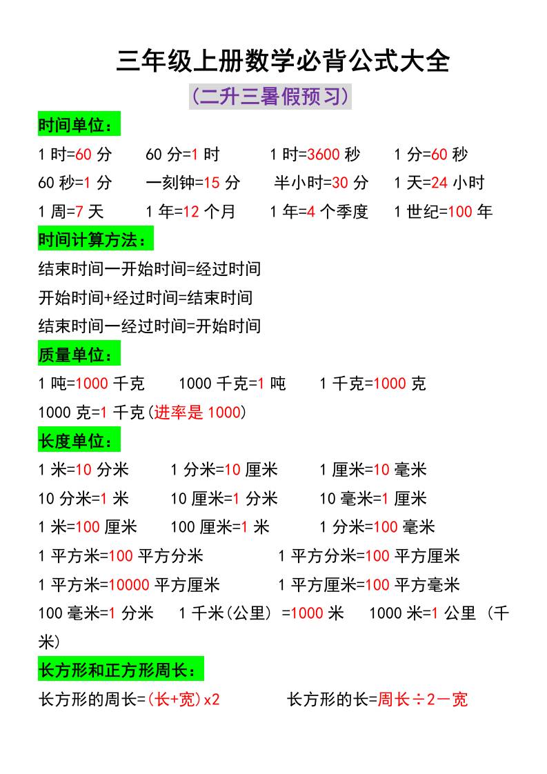 三年级上册数学必背公式大全-独家科技资源网