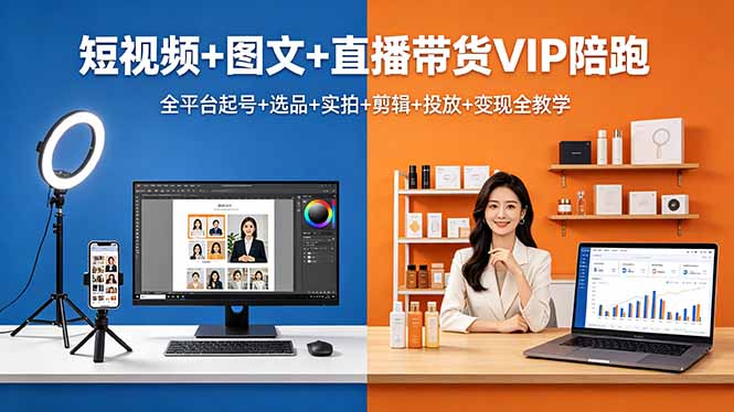 短视频+图文+直播带货VIP陪跑，全平台起号+选品+实拍+剪辑+投放+变现全教学-独家科技资源网