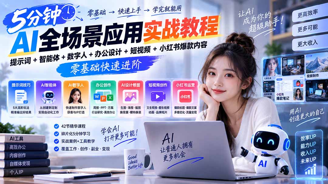 AI全场景应用实战教程｜提示词+智能体+数字人+办公设计+短视频+小红书爆款内容，零基础快速进阶-独家科技资源网