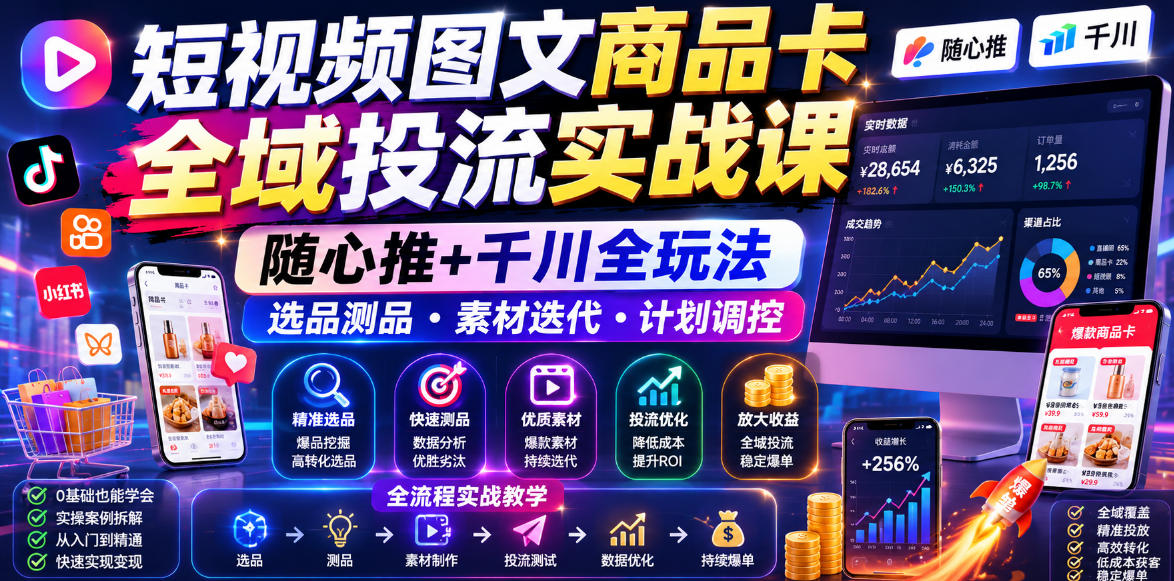 短视频图文商品卡全域投流实战课，随心推+千川全玩法，选品测品・素材迭代・计划调控，提升ROI爆单增收教程-独家科技资源网