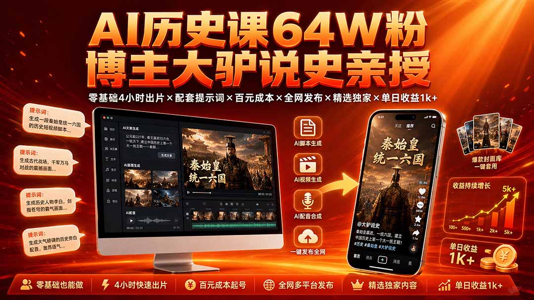 AI历史课64W粉博主大驴说史亲授:零基础4小时出片×配套提示词×百元成本×全网发布×精选独家×单日收益1k+-独家科技资源网