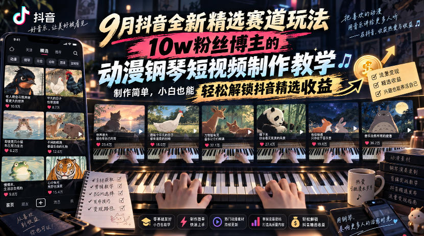 9月抖音全新精选赛道玩法，10w粉丝博主的动漫钢琴短视频制作教学，制作简单，小白也能轻松解锁抖音精选收益-独家科技资源网