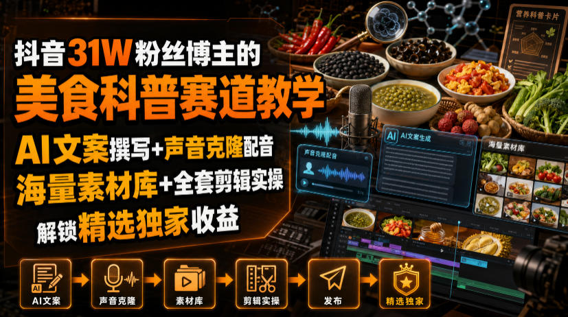 抖音31W粉丝博主的美食科普赛道教学，AI文案撰写+声音克隆配音+剪辑实操，解锁精选独家收益-独家科技资源网