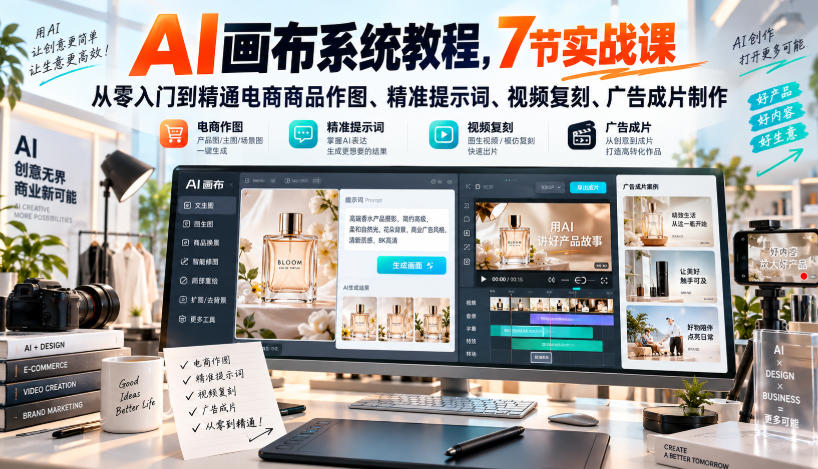 AI画布系统教程，7节实战课从零入门到精通电商商品作图、精准提示词、视频复刻、广告成片制作-独家科技资源网