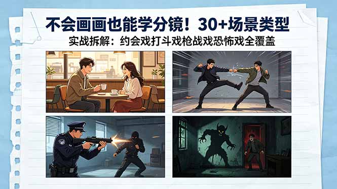 不会画画也能学分镜!30+场景类型实战拆解:约会戏打斗戏枪战戏恐怖戏全覆盖-独家科技资源网