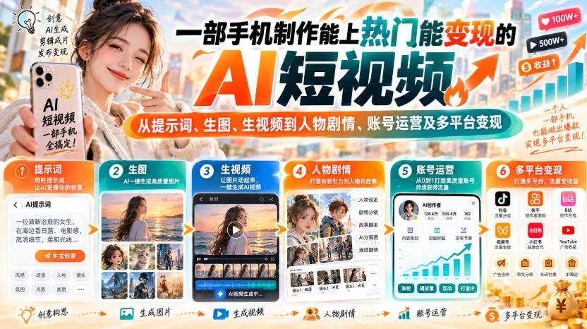 【无水印】一部手机制作能上热门能变现的AI短视频,从提示词、生图、生视频到人物剧情、账号运营及多平台变现(更新)-独家科技资源网