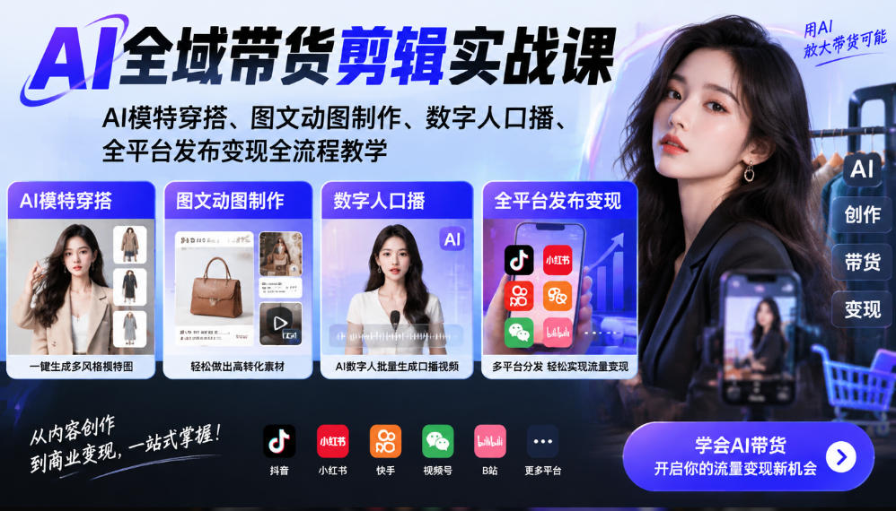 AI全域带货剪辑实战课｜AI模特穿搭、图文动图制作、数字人口播、全平台发布变现全流程教学-独家科技资源网