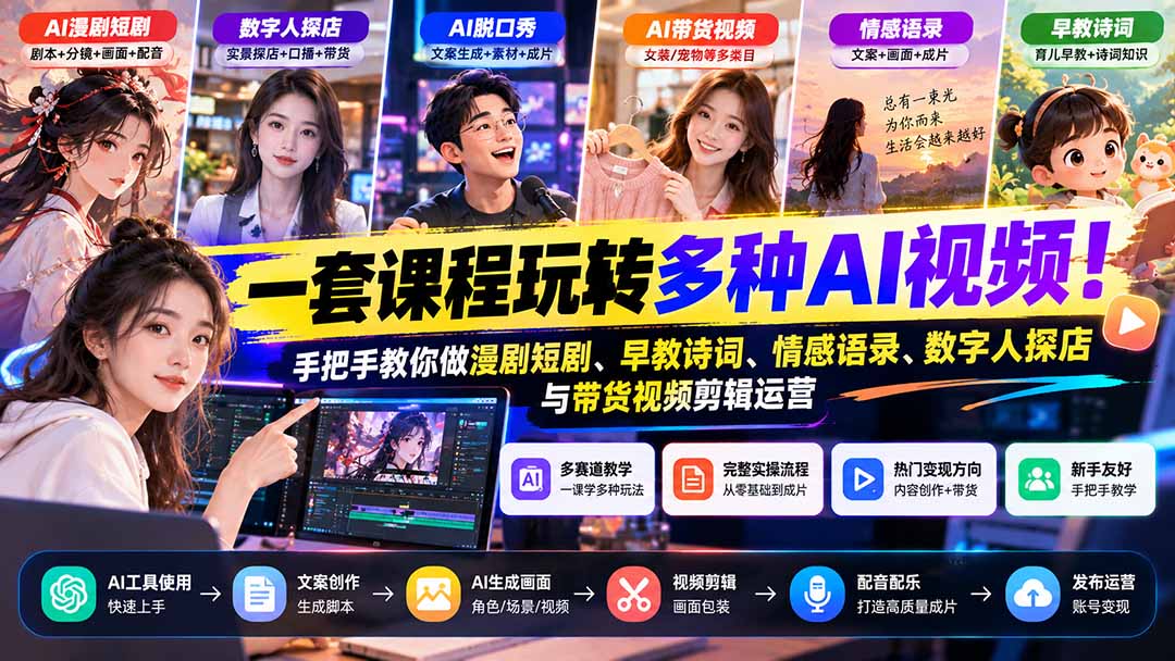 【无水印】一套课程玩转多种AI视频！手把手教你做漫剧短剧、早教诗词、情感语录、数字人探店与带货视频剪辑运营-独家科技资源网