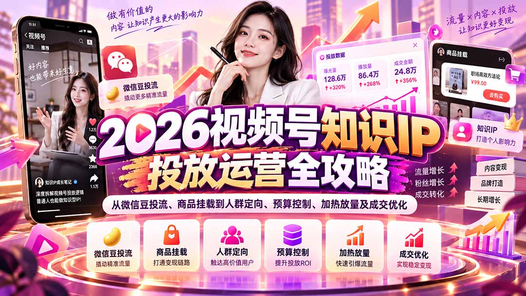 2026视频号知识IP投放运营全攻略:从微信豆投流、商品挂载到人群定向、预算控制、加热放量及成交优化-独家科技资源网