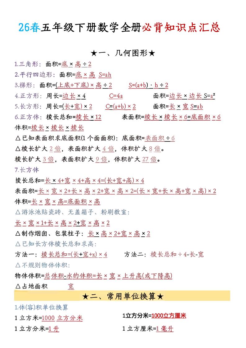 26春五年级下数学期末必背公式汇总-独家科技资源网
