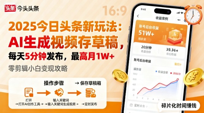 2025年今日头条躺賺新玩法，AI生成视频存草稿，每天5分钟发布，最高月1W+【揭秘】-独家科技资源网