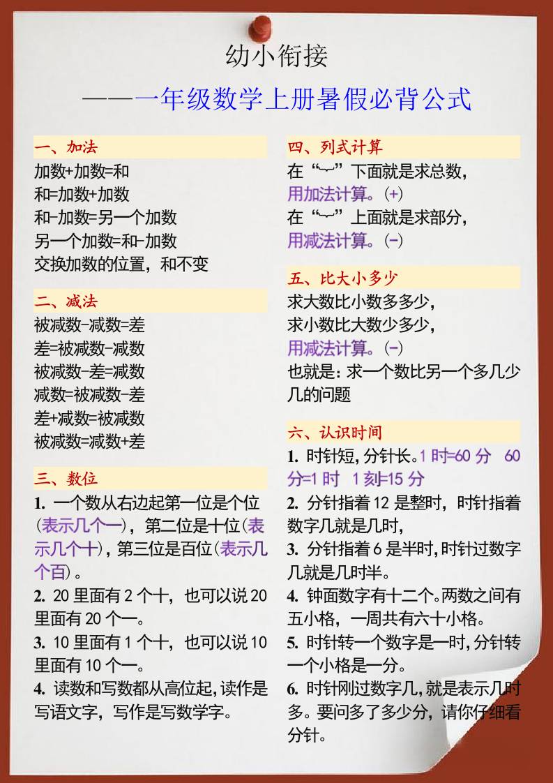 幼小衔接一年级数学上册暑假必背公式-独家科技资源网