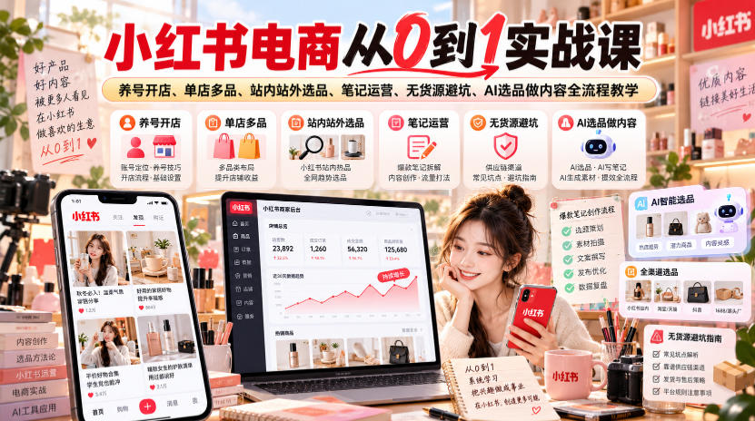 小红书电商从0到1实战课|养号开店、单店多品、站内站外选品、笔记运营、无货源避坑、AI选品做内容全流程教学-独家科技资源网