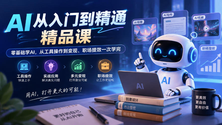 AI从入门到精通精品课，零基础学AI，从工具操作到变现、职场提效一次学完-独家科技资源网