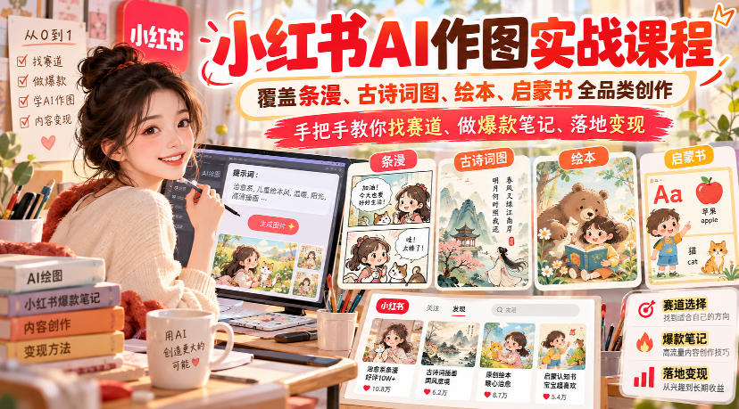 小红书AI作图实战课程，覆盖条漫、古诗词图、绘本、启蒙书全品类创作，手把手教你找赛道、做爆款笔记、落地变现(更新1009)-独家科技资源网