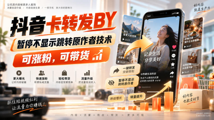 抖音卡转发搬运，暂停不显示跳转原作者技术，可涨粉，可带货-独家科技资源网