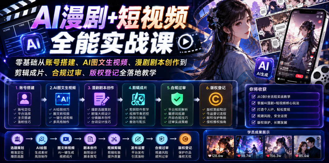 AI漫剧+短视频全能实战课｜零基础从账号搭建、AI图文生视频、漫剧剧本创作到剪辑成片、合规过审、版权登记全落地教学-独家科技资源网