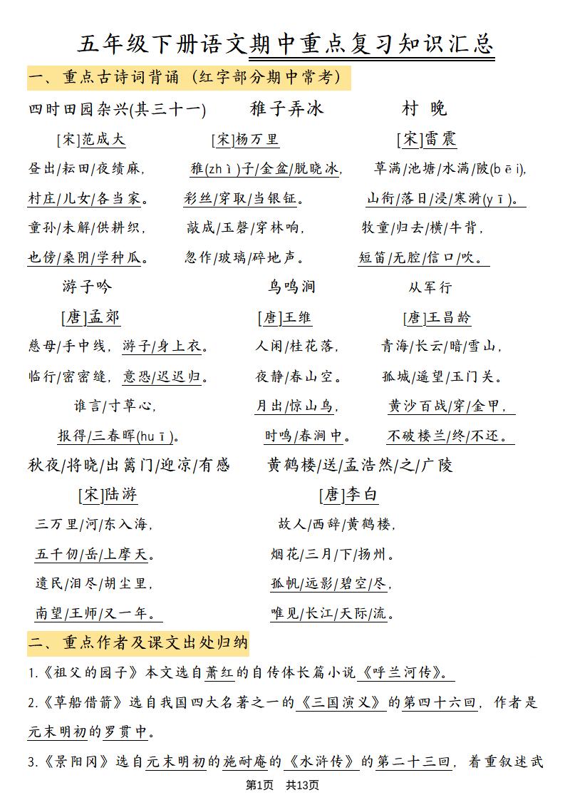 五年级下语文期中重点复习知识汇总-独家科技资源网
