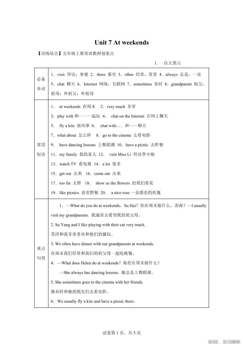 【单元热点难点】译林版（三起）英语五年级上册Unit7Atweekends教材划重点-独家科技资源网