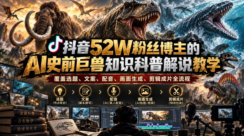 抖音52W粉丝博主的AI史前巨兽知识科普解说教学，覆盖选题、文案、配音、画面生成、剪辑成片全流程-独家科技资源网