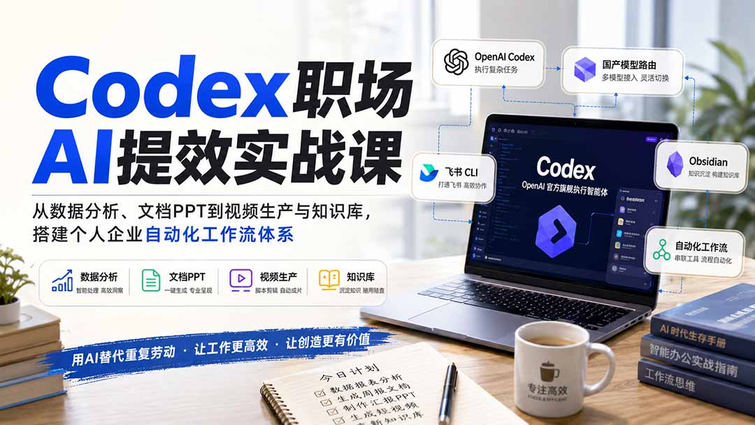 Codex职场AI提效实战课：从数据分析、文档PPT到视频生产与知识库，搭建个人企业自动化工作流体系-独家科技资源网