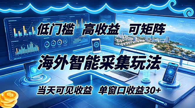 海外智能采集玩法，低门槛高单价可矩阵，当天可见收益，单窗口30+-独家科技资源网