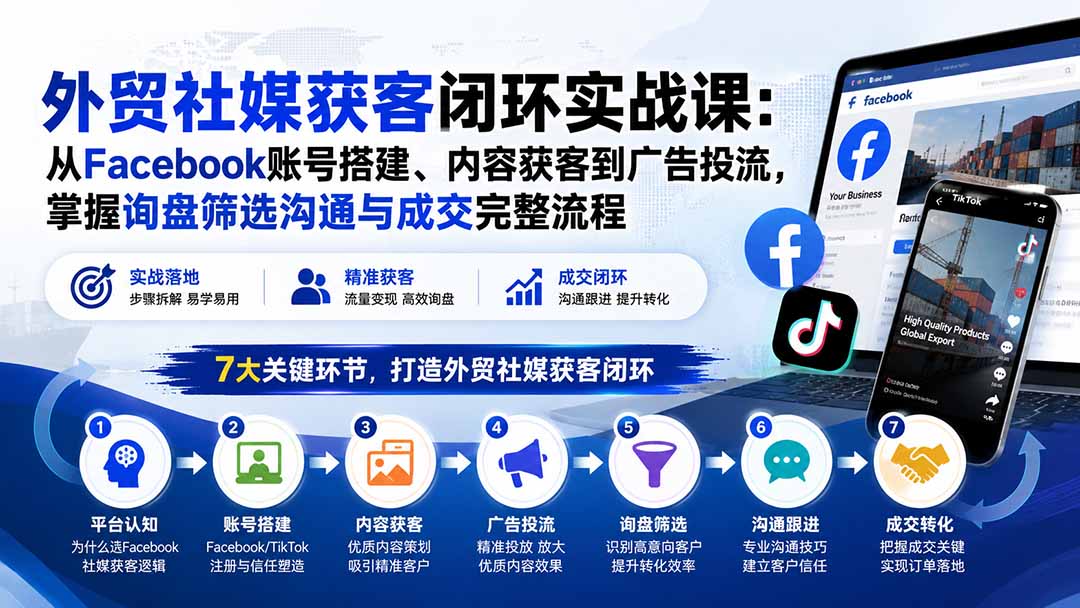 外贸社媒获客闭环实战课：从Facebook账号搭建、内容获客到广告投流，掌握询盘筛选沟通与成交完整流程-独家科技资源网