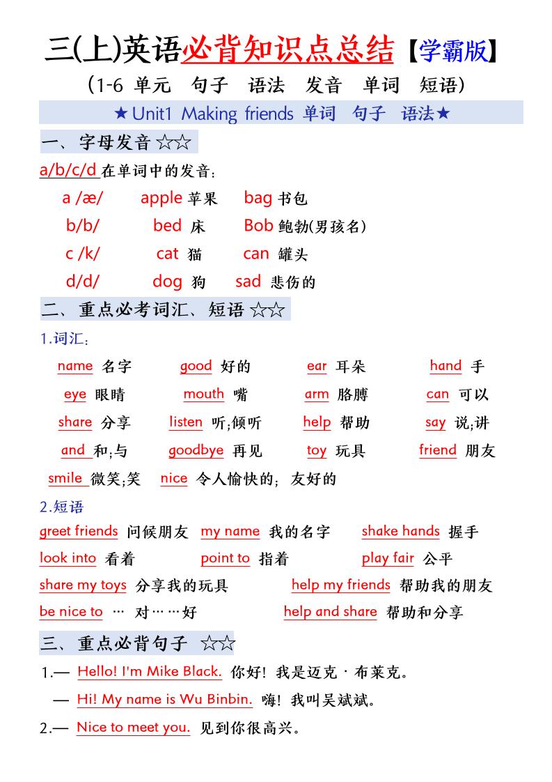 三年级(上)英语必备知识点总结-独家科技资源网
