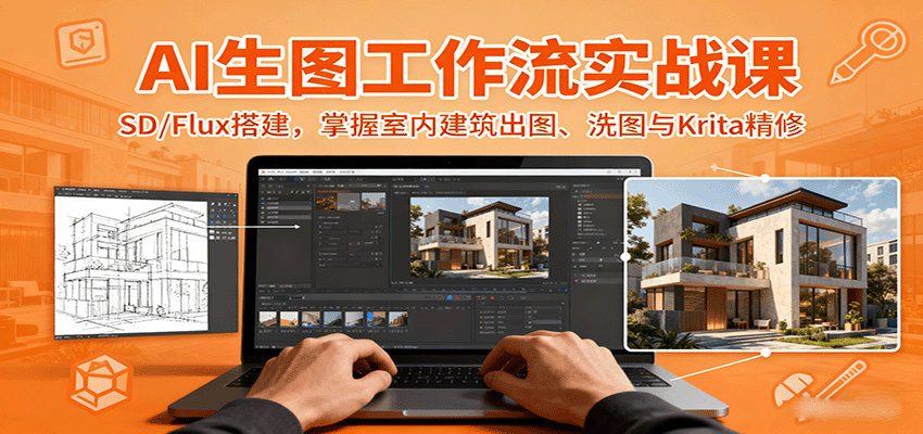 AI生图工作流实战课：SD/Flux搭建，掌握室内建筑出图、洗图与Krita精修-独家科技资源网