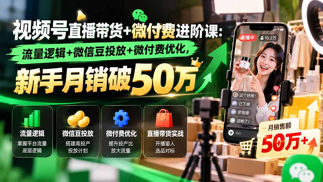 视频号直播带货+微付费进阶课-更新1010:流量逻辑+微信豆投放+微付费优化,新手月销破50万-独家科技资源网