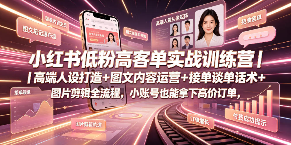 小红书低粉高客单实战训练营｜高端人设打造+图文内容运营+接单谈单话术+图片剪辑全流程，小账号也能拿下高价订单-独家科技资源网