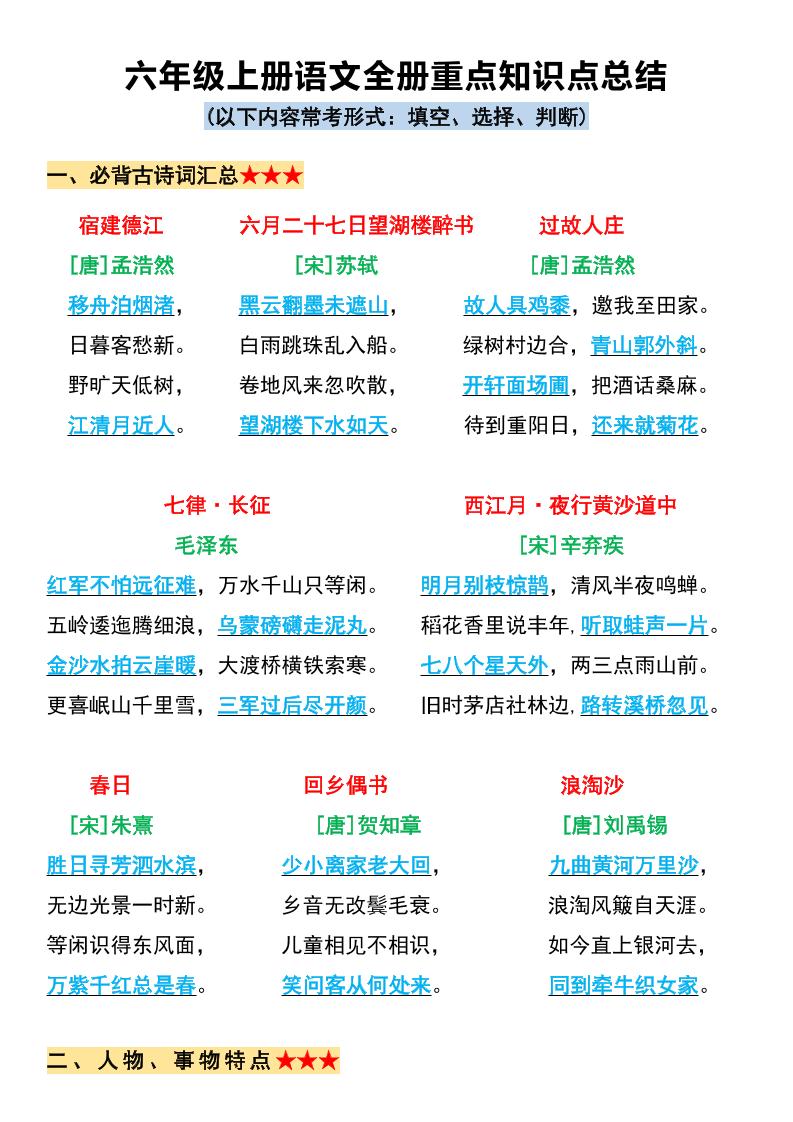 六上语文必背全册重点知识点总结11页-独家科技资源网