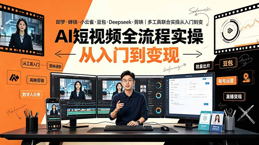 AI短视频全流程实操:即梦·蝉镜·小云雀·豆包·Deepseek·剪映|多工具联合实操从入门到变现-独家科技资源网