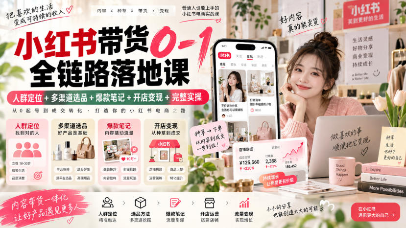 小红书带货0-1全链路落地课｜人群定位+多渠道选品+爆款笔记+开店变现完整实操-独家科技资源网