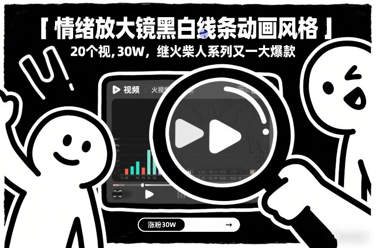 情绪放大镜黑白线条动画风格，20个视频，涨粉30W，继火柴人系列又一大爆款-独家科技资源网