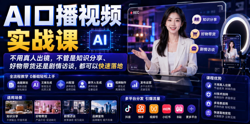 AI口播视频实战课，不用真人出镜，不管是知识分享、好物带货还是剧情访谈，都可以快速落地-独家科技资源网