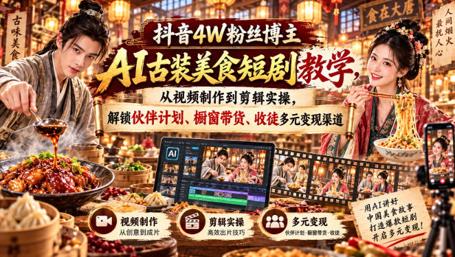 抖音4W粉丝博主AI古装美食短剧教学,从视频制作到剪辑实操,解锁伙伴计划、橱窗带货、收徒多元变现渠道-独家科技资源网