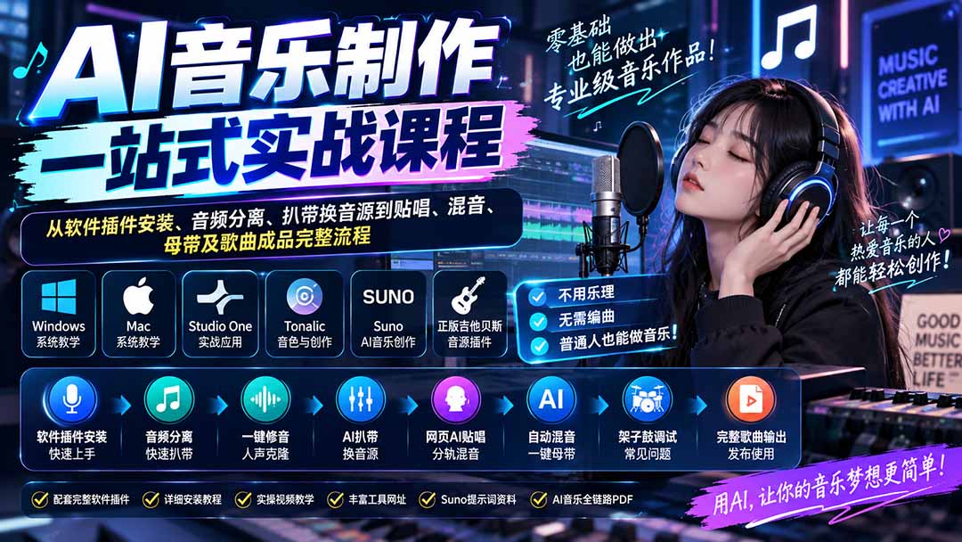 AI音乐制作一站式实战课程：从软件插件安装、音频分离、扒带换音源到贴唱、混音、母带及歌曲成品完整流程-独家科技资源网