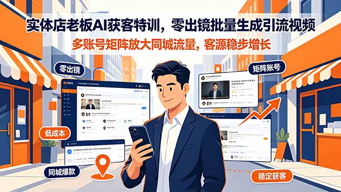 实体店老板AI获客特训,零出镜批量生成引流视频,多账号矩阵放大同城流量,客源稳步增长-独家科技资源网
