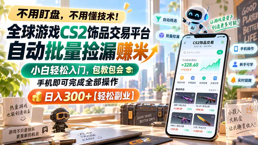 全球游戏CS2饰品交易平台自动批量捡漏赚米，小白轻松入门，包教包会，手机即可完成全部操作，日入300+【轻松副业】-独家科技资源网