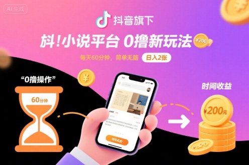 抖音旗下小说平台0撸新玩法，每天挂G60分钟，简单无脑，日入2张【揭秘】-独家科技资源网