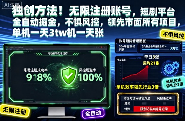 独创方法!无限注册账号,短剧平台全自动掘金,不惧风控,领先市面所有项目,单机一天3张【揭秘】-独家科技资源网