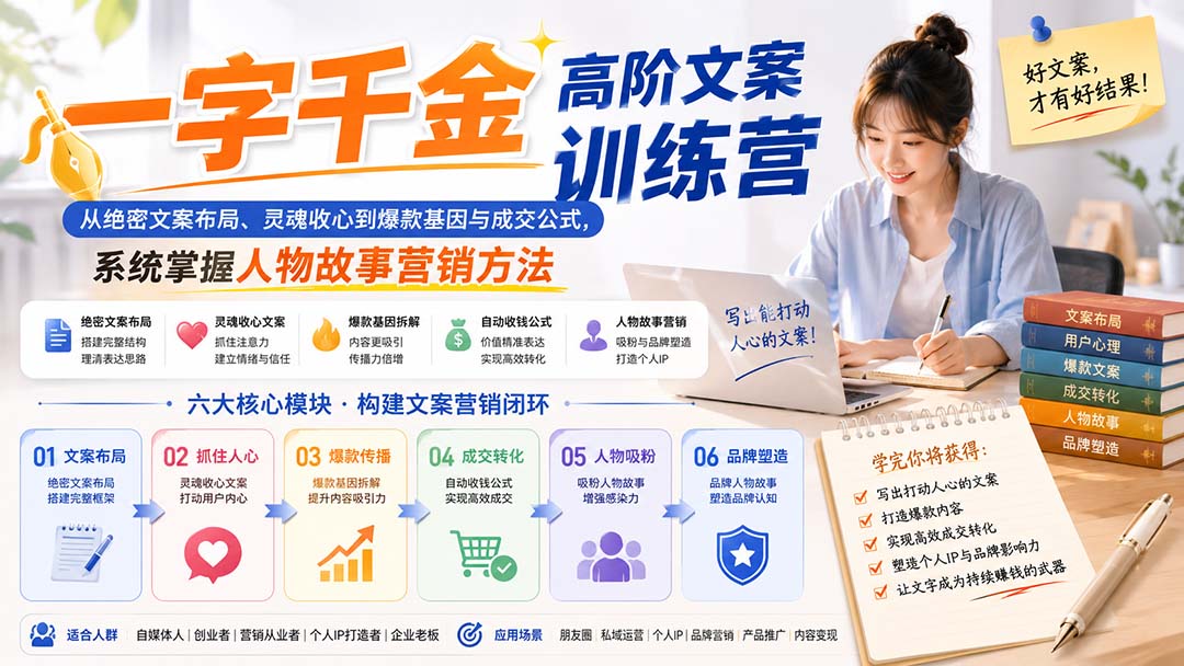 一字千金高阶文案训练营：从绝密文案布局、灵魂收心到爆款基因与成交公式，系统掌握人物故事营销方法-独家科技资源网