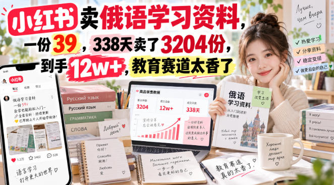 小红书卖俄语学习资料，一份39，338天卖了3204份，到手12w+，教育赛道太香了-独家科技资源网