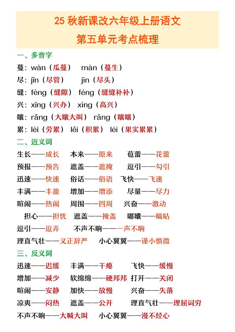 【2025秋新版】六年级上册语文第五单元重点考点梳理-独家科技资源网