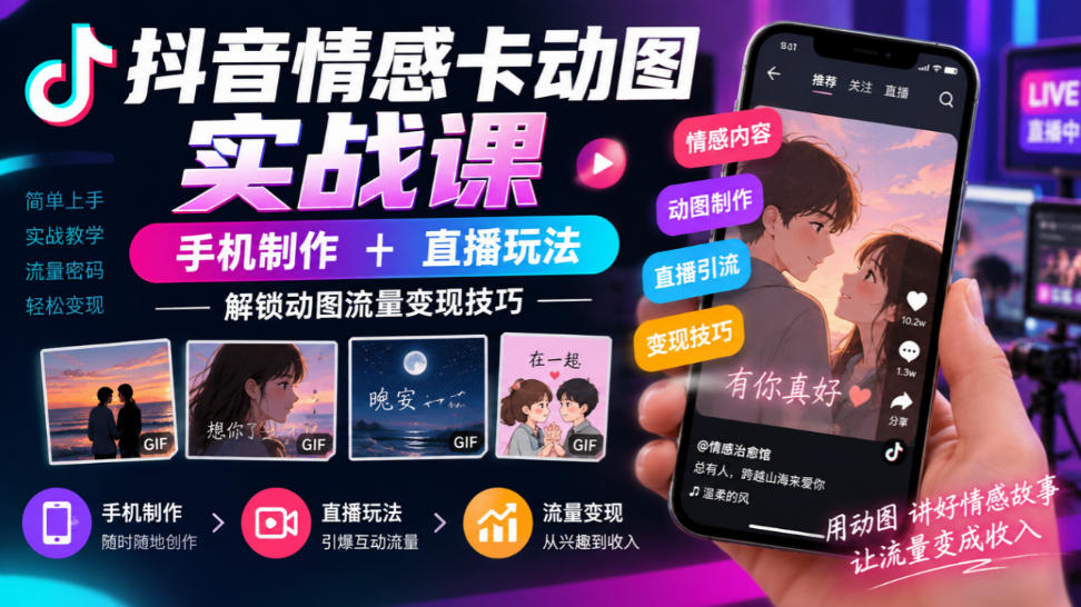 抖音情感卡动图实战课|手机制作+直播玩法,解锁动图流量变现技巧-独家科技资源网