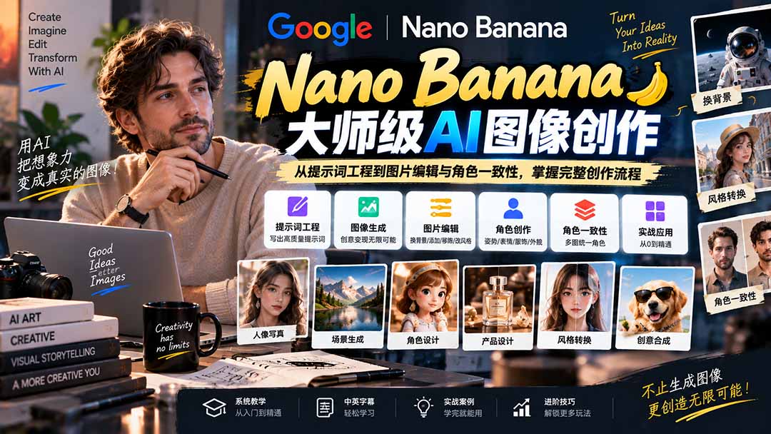 【无水印】Nano Banana大师级AI图像实战课:从提示词工程到图片编辑与角色一致性,掌握完整创作流程-独家科技资源网