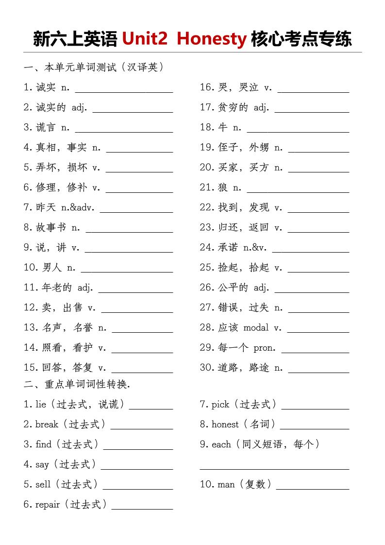 译林版《新六上英语Unit2Honesty核心考点专练》-独家科技资源网